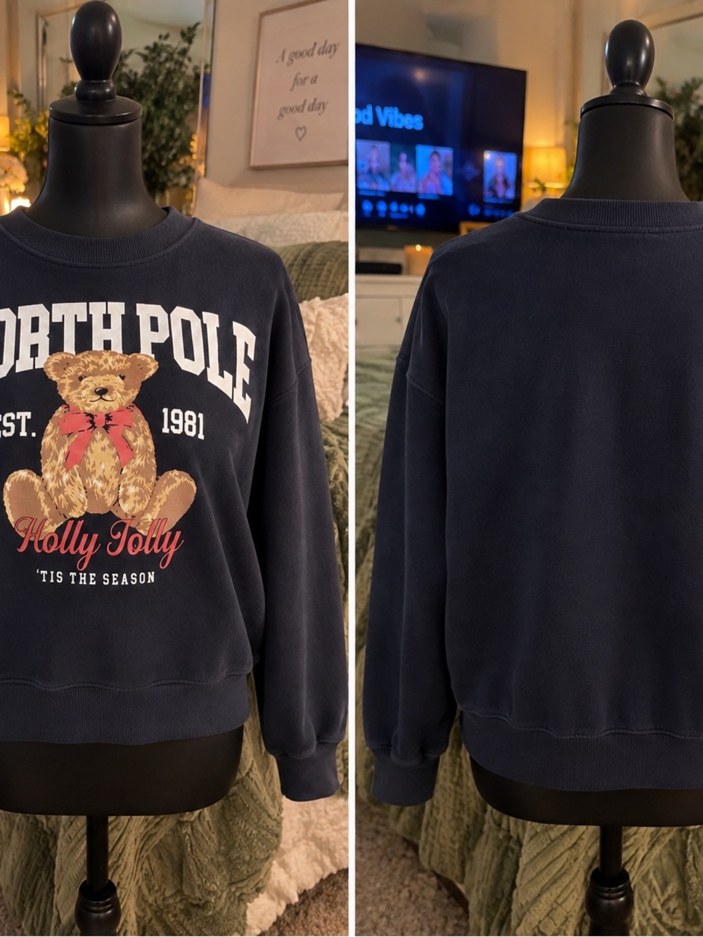 Grayson Threads Navy Teddy 'Holly Jolly' Crewneck Sweater